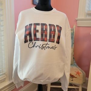 Merry Christmas, Black and Red Sublimation Graphic Long Sleeve White Sweatshirt